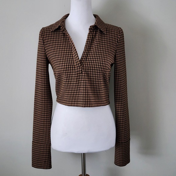 Zara Tops - Zara Houndstooth Crop Top Womens Small Brown Black Collared Academia Preppy